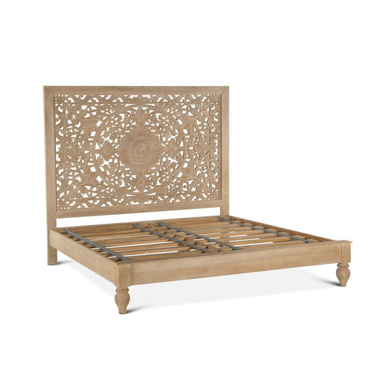 World Interiors - Haveli Carved Queen Bed in Whitewash Finish - ZWHAPBQ veiw 1