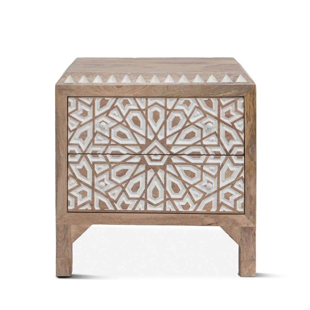 World Interiors - Haveli Geometric Carved Nightstand in Natural White - ZWHANC26NW veiw 1