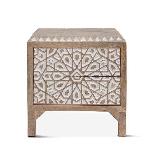 World Interiors - Haveli Geometric Carved Nightstand in Natural White - ZWHANC26NW veiw 1