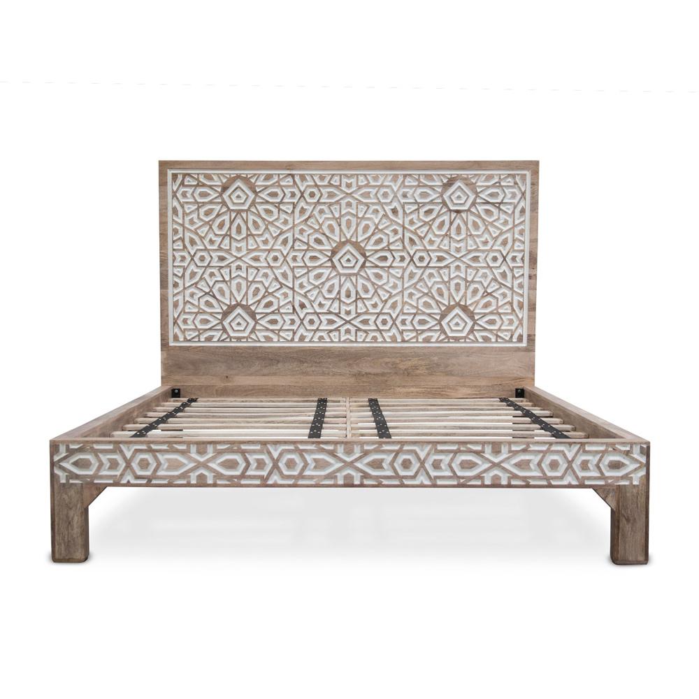 World Interiors - Haveli Geometric Carved Queen Bed in Natural White - ZWHAPBQNW veiw 1