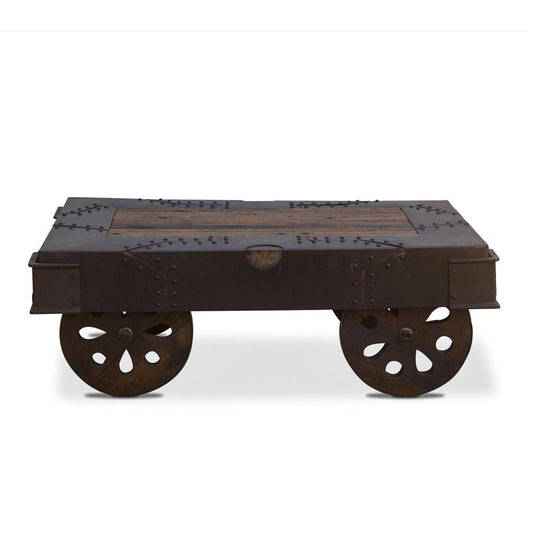 World Interiors - Sterling 48in Wheeled Coffee Table in Neem Wood and Reclaimed Iron - ZWVICT48F veiw 1