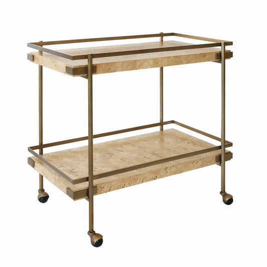 Worlds Away - Antique Brass Bar Cart With Shelves In Burl Wood - CASH BW view 1