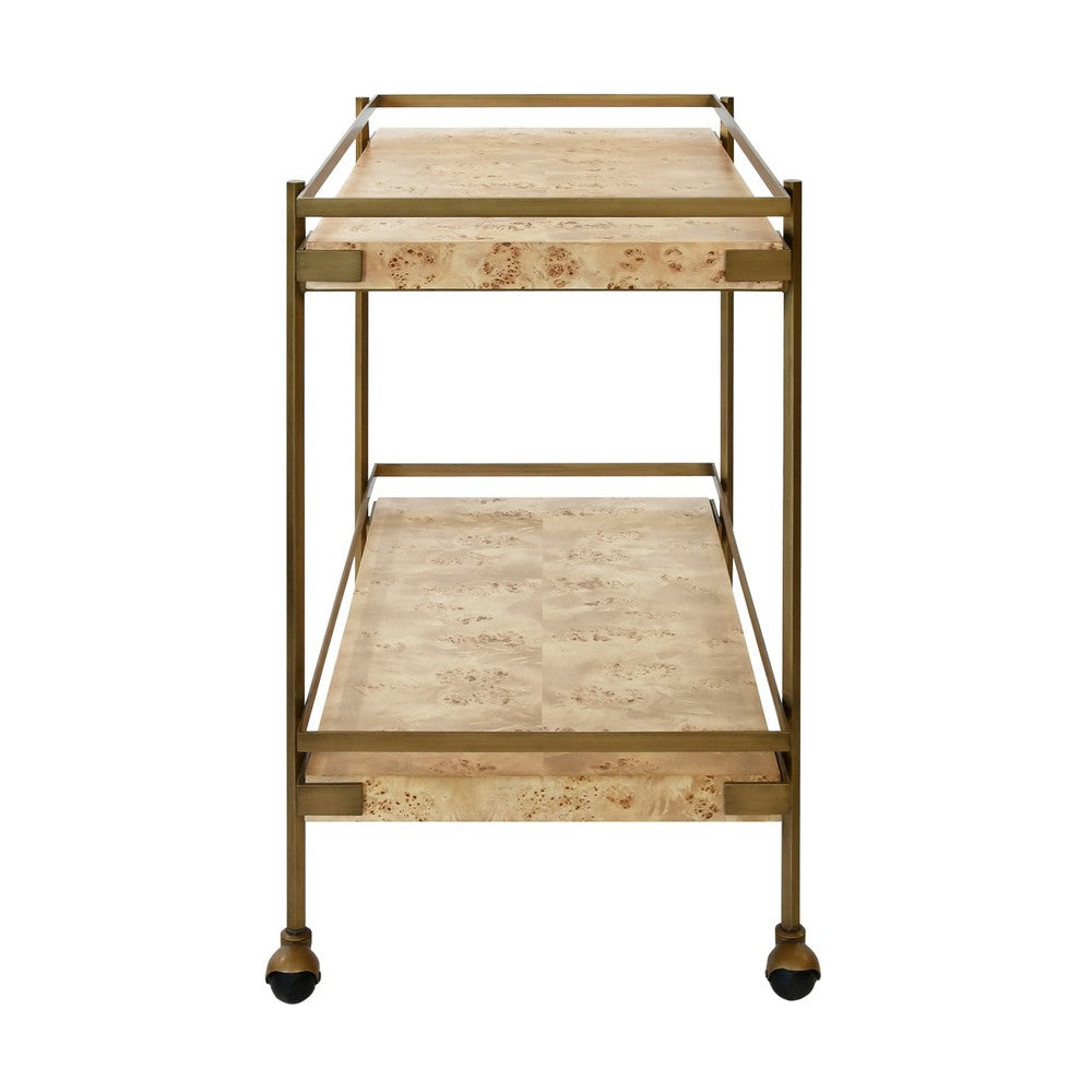 Worlds Away - Antique Brass Bar Cart With Shelves In Burl Wood - CASH BW view 3