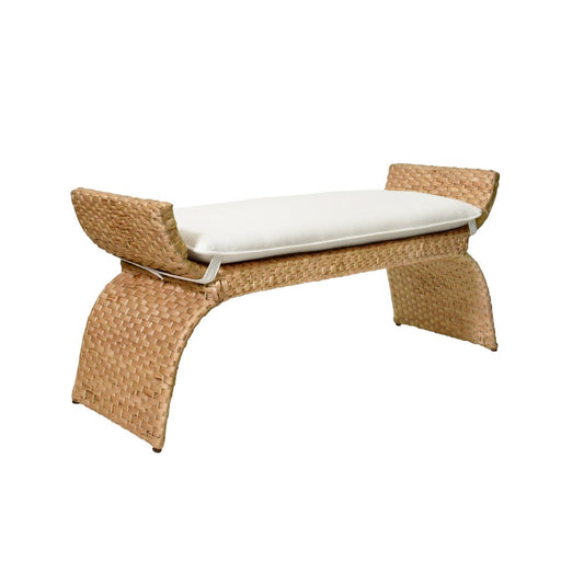 Worlds Away - Arched Bench In Woven Water Hyacinth With Performance Ivory Linen Cushion - SACHI view 1