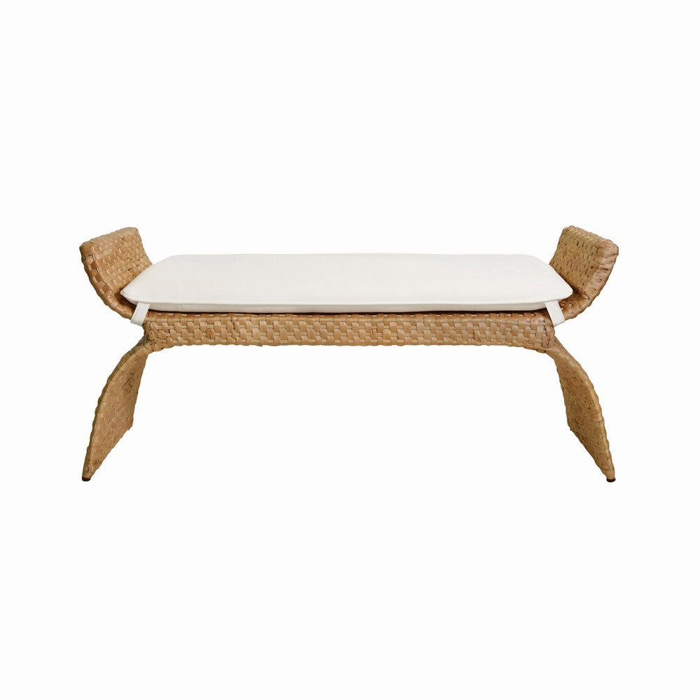 Worlds Away - Arched Bench In Woven Water Hyacinth With Performance Ivory Linen Cushion - SACHI view 2