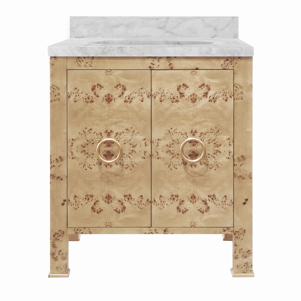 Worlds Away - Bath Vanity In Burl Wood W/ Ant. Brass Hardware, White Marble Top, And Porcelain Sink - BLANCHE BW view 1