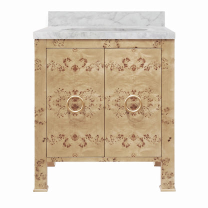 Worlds Away - Bath Vanity In Burl Wood W/ Ant. Brass Hardware, White Marble Top, And Porcelain Sink - BLANCHE BW view 1