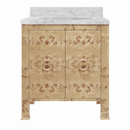 Worlds Away - Bath Vanity In Burl Wood W/ Ant. Brass Hardware, White Marble Top, And Porcelain Sink - BLANCHE BW view 1