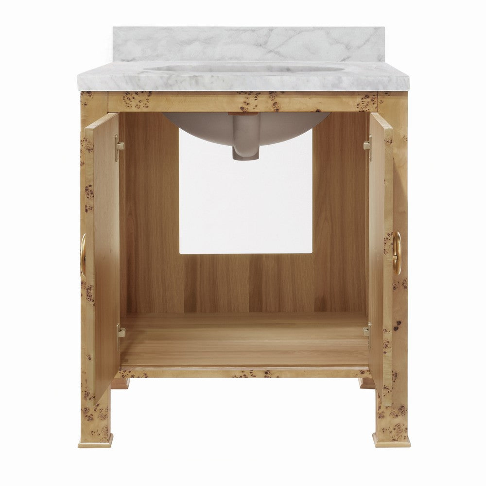 Worlds Away - Bath Vanity In Burl Wood W/ Ant. Brass Hardware, White Marble Top, And Porcelain Sink - BLANCHE BW view 2