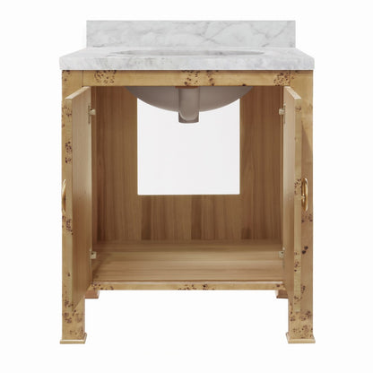 Worlds Away - Bath Vanity In Burl Wood W/ Ant. Brass Hardware, White Marble Top, And Porcelain Sink - BLANCHE BW view 2