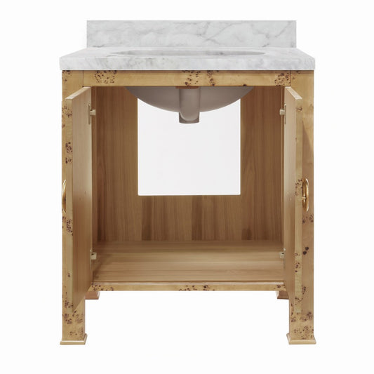 Worlds Away - Bath Vanity In Burl Wood W/ Ant. Brass Hardware, White Marble Top, And Porcelain Sink - BLANCHE BW view 2