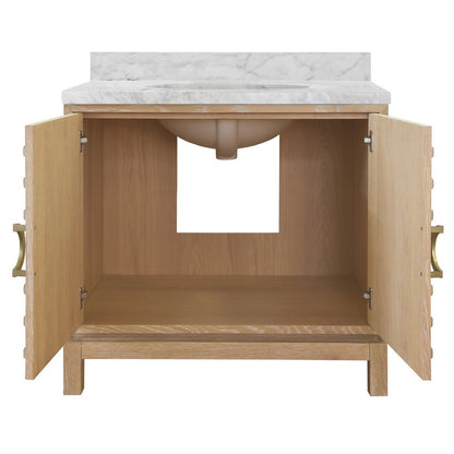 Worlds Away - Bath Vanity In Cerused Oak With Antique Brass Circle Hardware, White Marble Top, And Porcelain Sink - BIXBY CO view 2