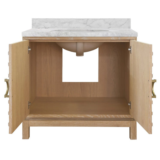 Worlds Away - Bath Vanity In Cerused Oak With Antique Brass Circle Hardware, White Marble Top, And Porcelain Sink - BIXBY CO view 2