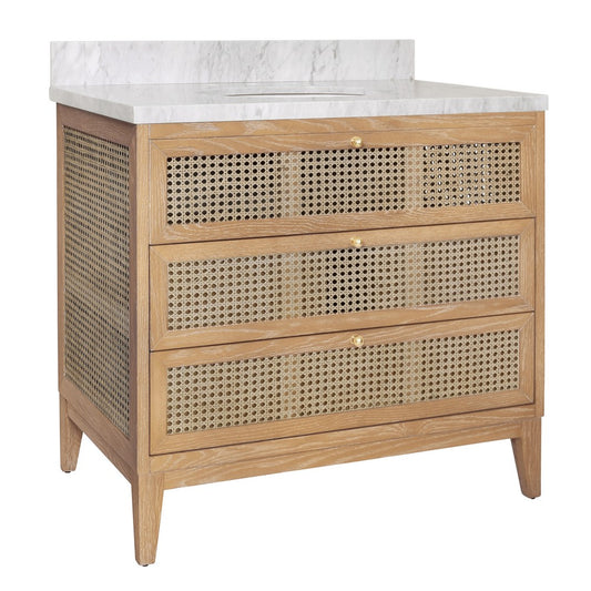 Worlds Away - Bath Vanity In Cerused Oak With Cane Front Drawers, White Marble Top, And Porcelain Sink - WYNN CO view 1