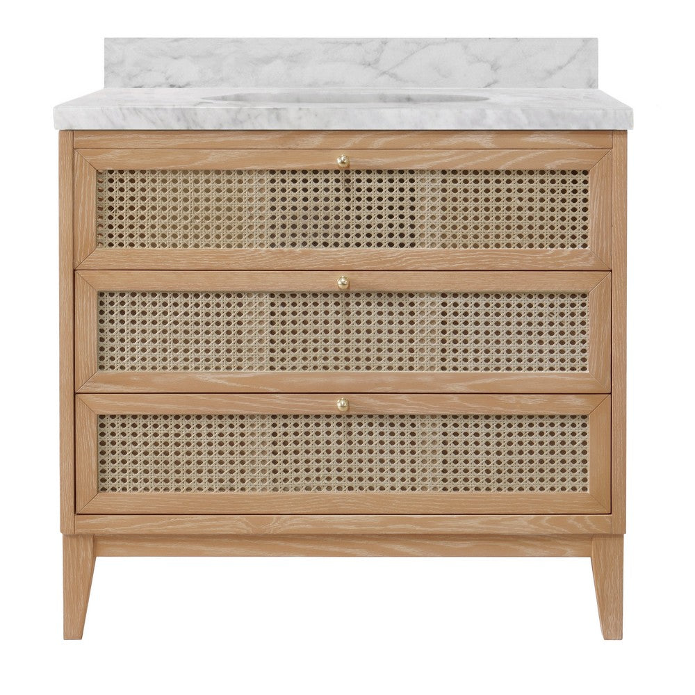 Worlds Away - Bath Vanity In Cerused Oak With Cane Front Drawers, White Marble Top, And Porcelain Sink - WYNN CO view 2