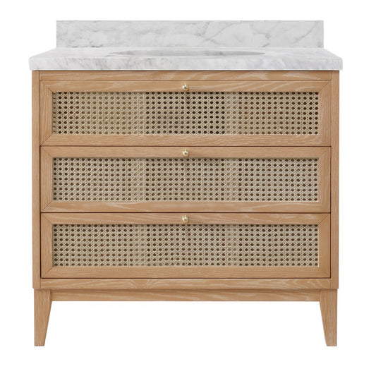 Worlds Away - Bath Vanity In Cerused Oak With Cane Front Drawers, White Marble Top, And Porcelain Sink - WYNN CO view 2