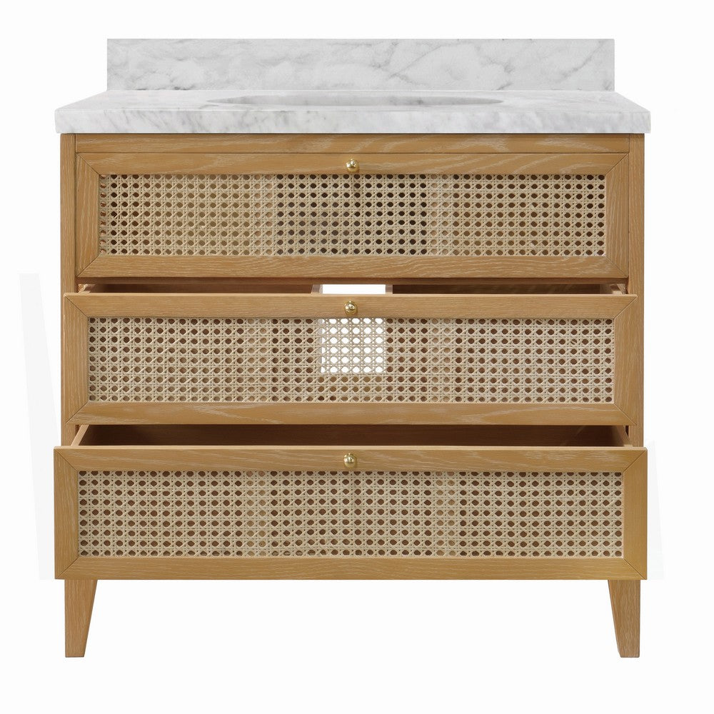 Worlds Away - Bath Vanity In Cerused Oak With Cane Front Drawers, White Marble Top, And Porcelain Sink - WYNN CO view 3