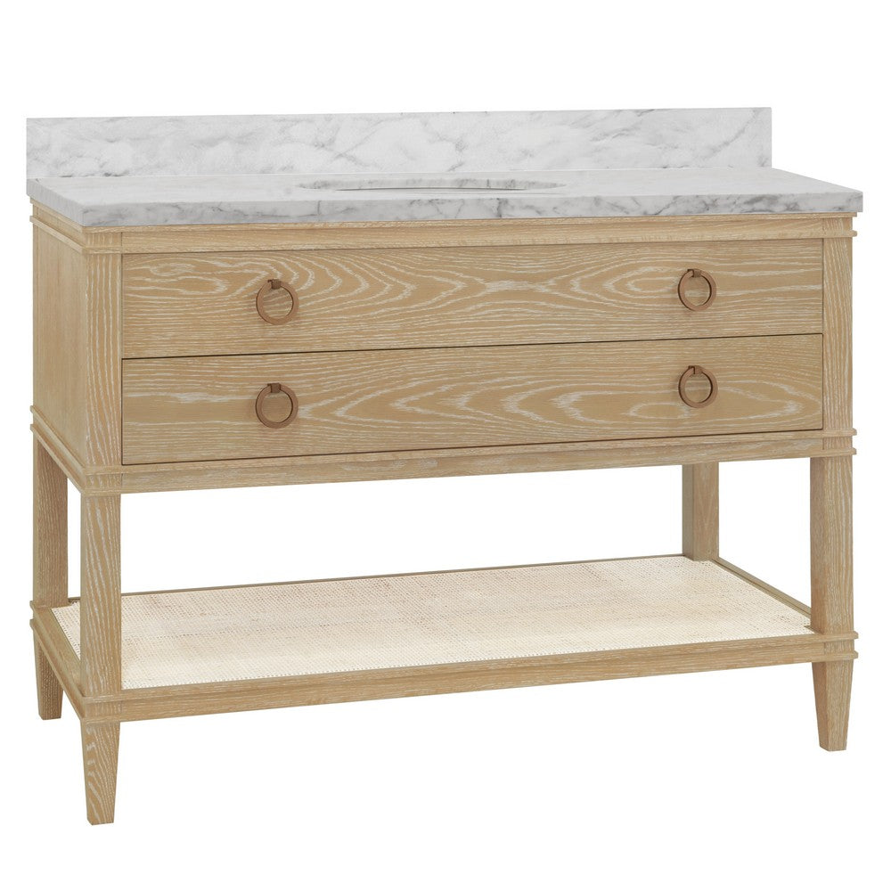 Worlds Away - Bath Vanity In Cerused Oak With Open Cane Shelf, White Marble Top, Porcelain Sink, And Antique Brass Ring Hardware, 48" Wide - CUTLER 48 CO view 1