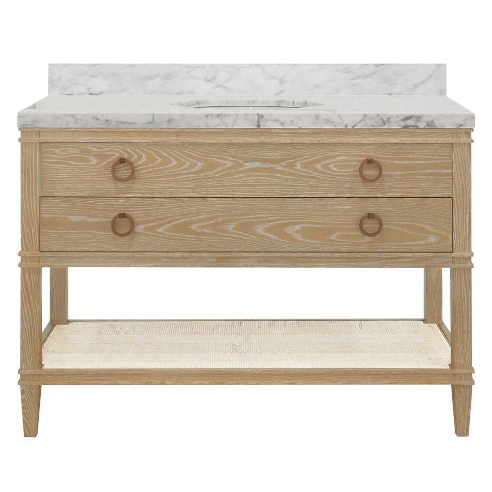 Worlds Away - Bath Vanity In Cerused Oak With Open Cane Shelf, White Marble Top, Porcelain Sink, And Antique Brass Ring Hardware, 48" Wide - CUTLER 48 CO view 2