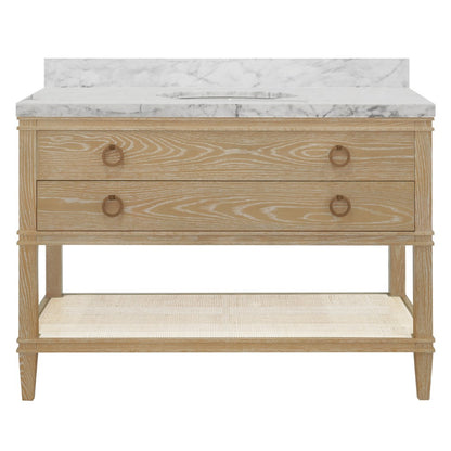 Worlds Away - Bath Vanity In Cerused Oak With Open Cane Shelf, White Marble Top, Porcelain Sink, And Antique Brass Ring Hardware, 48" Wide - CUTLER 48 CO view 2