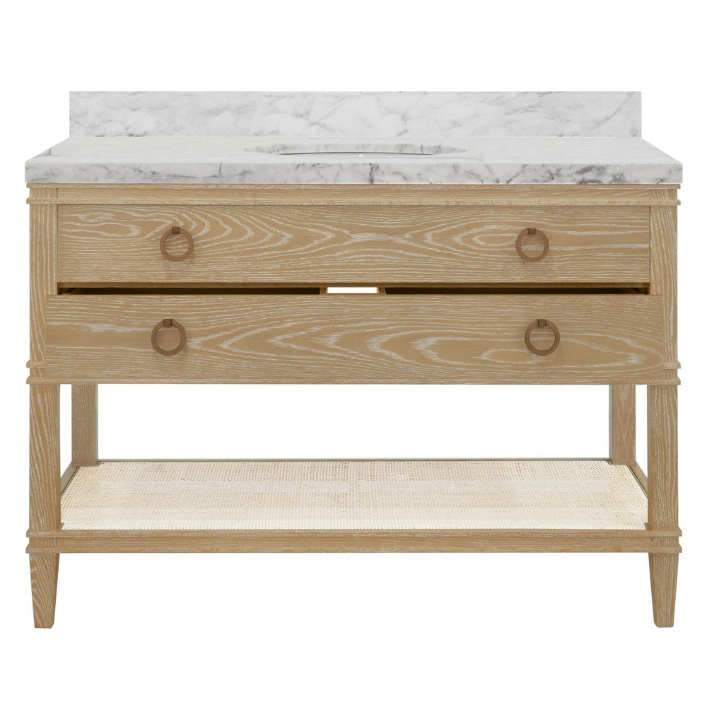 Worlds Away - Bath Vanity In Cerused Oak With Open Cane Shelf, White Marble Top, Porcelain Sink, And Antique Brass Ring Hardware, 48" Wide - CUTLER 48 CO view 3