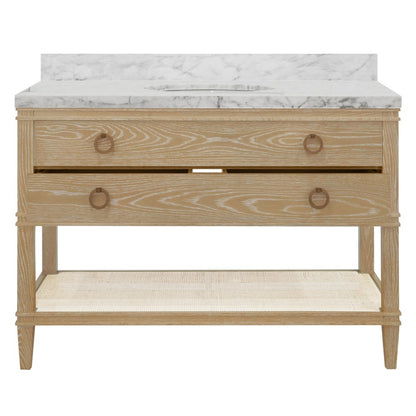 Worlds Away - Bath Vanity In Cerused Oak With Open Cane Shelf, White Marble Top, Porcelain Sink, And Antique Brass Ring Hardware, 48" Wide - CUTLER 48 CO view 3