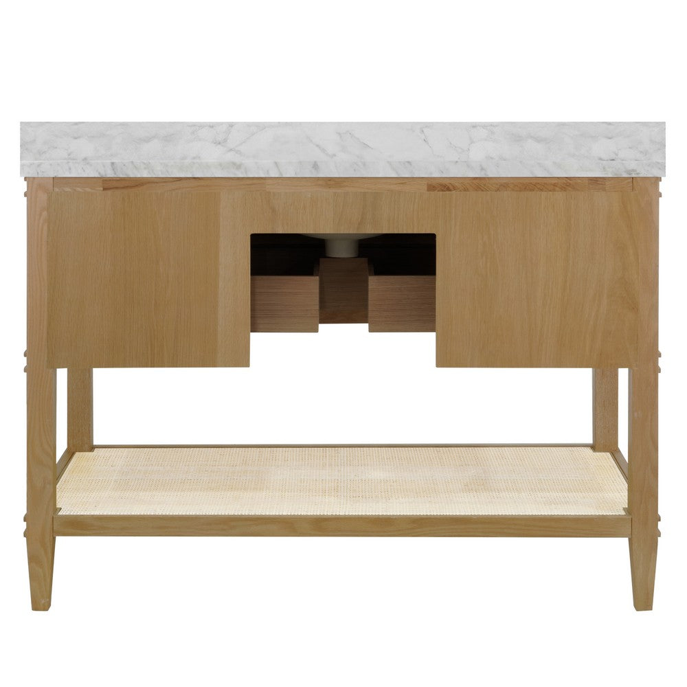 Worlds Away - Bath Vanity In Cerused Oak With Open Cane Shelf, White Marble Top, Porcelain Sink, And Antique Brass Ring Hardware, 48" Wide - CUTLER 48 CO view 4
