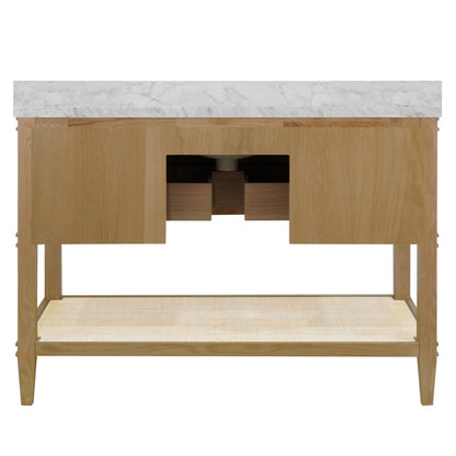 Worlds Away - Bath Vanity In Cerused Oak With Open Cane Shelf, White Marble Top, Porcelain Sink, And Antique Brass Ring Hardware, 48" Wide - CUTLER 48 CO view 4