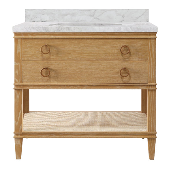 Worlds Away - Bath Vanity In Cerused Oak With Open Cane Shelf, White Marble Top, Porcelain Sink, And Antique Brass Ring Hardware - Brown - CUTLER CO view 1