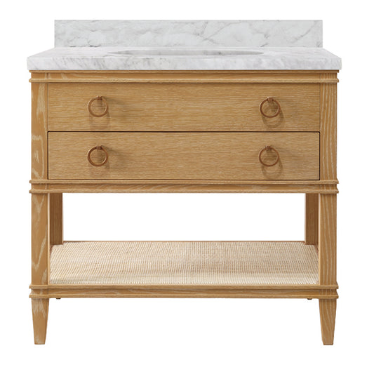 Worlds Away - Bath Vanity In Cerused Oak With Open Cane Shelf, White Marble Top, Porcelain Sink, And Antique Brass Ring Hardware - Brown - CUTLER CO view 1