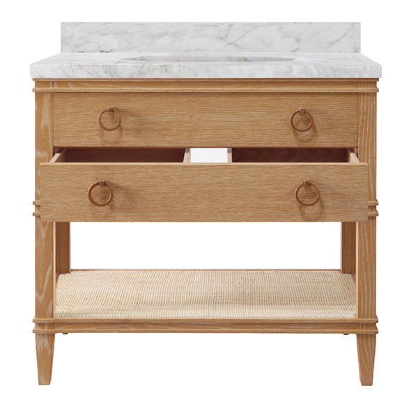 Worlds Away - Bath Vanity In Cerused Oak With Open Cane Shelf, White Marble Top, Porcelain Sink, And Antique Brass Ring Hardware - Brown - CUTLER CO view 2