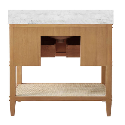 Worlds Away - Bath Vanity In Cerused Oak With Open Cane Shelf, White Marble Top, Porcelain Sink, And Antique Brass Ring Hardware - Brown - CUTLER CO view 3