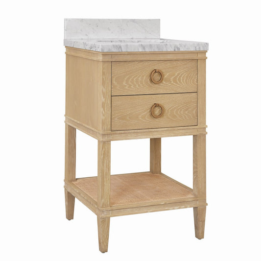 Worlds Away - Bath Vanity In Cerused Oak With Open Cane Shelf, White Marble Top, Porcelain Sink, And Antique Brass Ring Hardware - Natural Wood And Marble - CUTLER 24 CO view 1