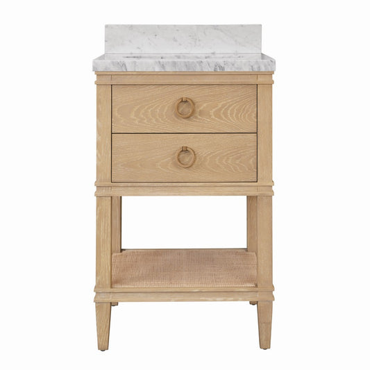 Worlds Away - Bath Vanity In Cerused Oak With Open Cane Shelf, White Marble Top, Porcelain Sink, And Antique Brass Ring Hardware - Natural Wood And Marble - CUTLER 24 CO view 2