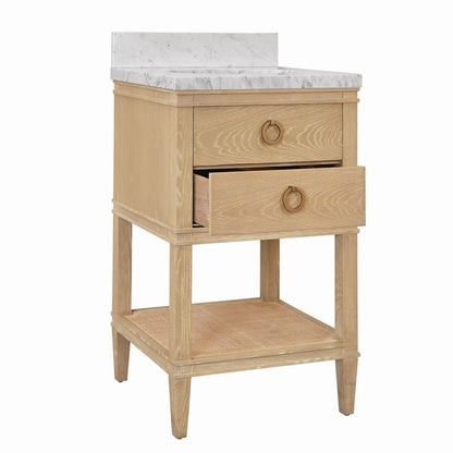 Worlds Away - Bath Vanity In Cerused Oak With Open Cane Shelf, White Marble Top, Porcelain Sink, And Antique Brass Ring Hardware - Natural Wood And Marble - CUTLER 24 CO view 3
