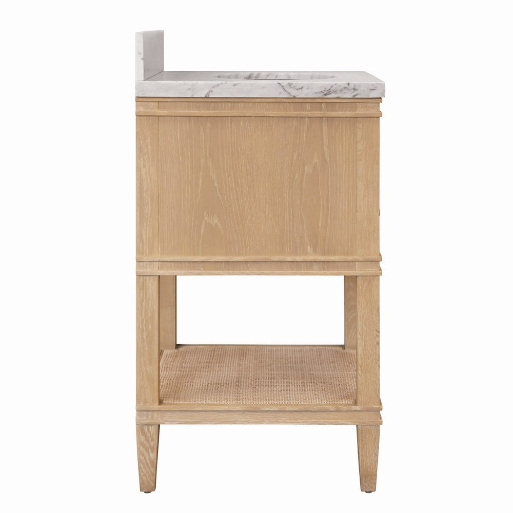 Worlds Away - Bath Vanity In Cerused Oak With Open Cane Shelf, White Marble Top, Porcelain Sink, And Antique Brass Ring Hardware - Natural Wood And Marble - CUTLER 24 CO view 4