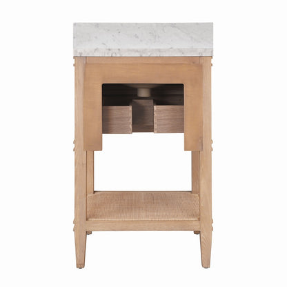 Worlds Away - Bath Vanity In Cerused Oak With Open Cane Shelf, White Marble Top, Porcelain Sink, And Antique Brass Ring Hardware - Natural Wood And Marble - CUTLER 24 CO view 5