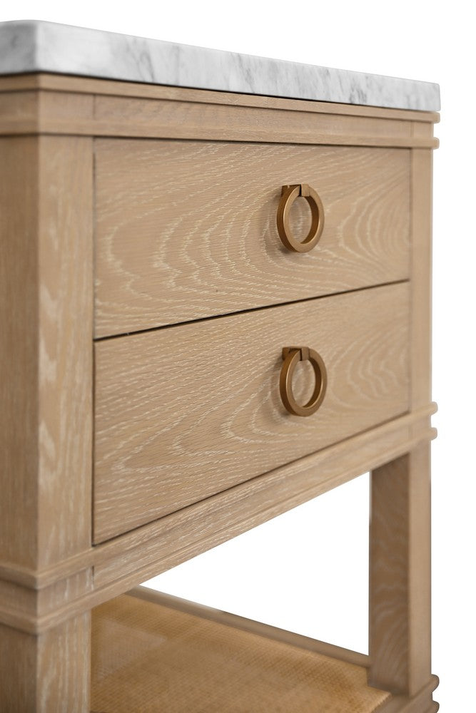 Worlds Away - Bath Vanity In Cerused Oak With Open Cane Shelf, White Marble Top, Porcelain Sink, And Antique Brass Ring Hardware - Natural Wood And Marble - CUTLER 24 CO view 7