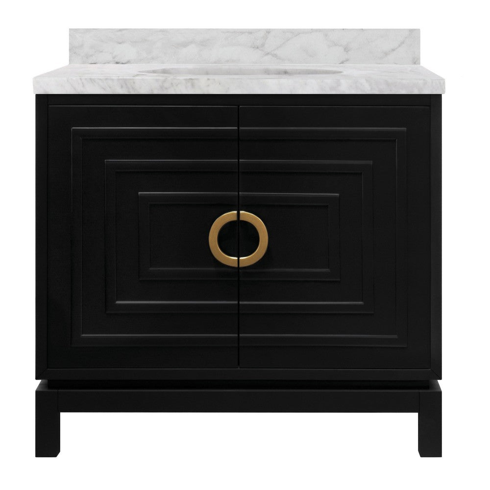 Worlds Away - Bath Vanity In Matte Black Lacquer With Antique Brass Circle Hardware, White Marble Top, And Porcelain Sink - BIXBY BLK view 1