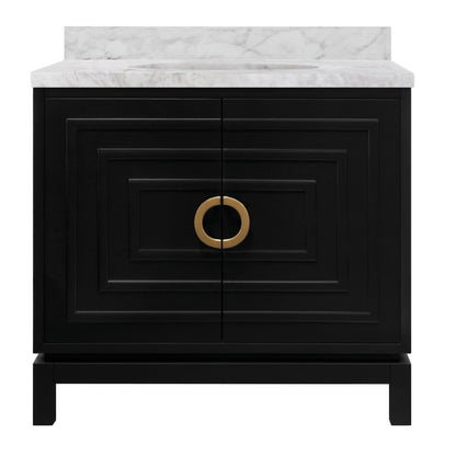 Worlds Away - Bath Vanity In Matte Black Lacquer With Antique Brass Circle Hardware, White Marble Top, And Porcelain Sink - BIXBY BLK view 1
