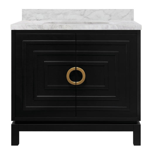 Worlds Away - Bath Vanity In Matte Black Lacquer With Antique Brass Circle Hardware, White Marble Top, And Porcelain Sink - BIXBY BLK view 1