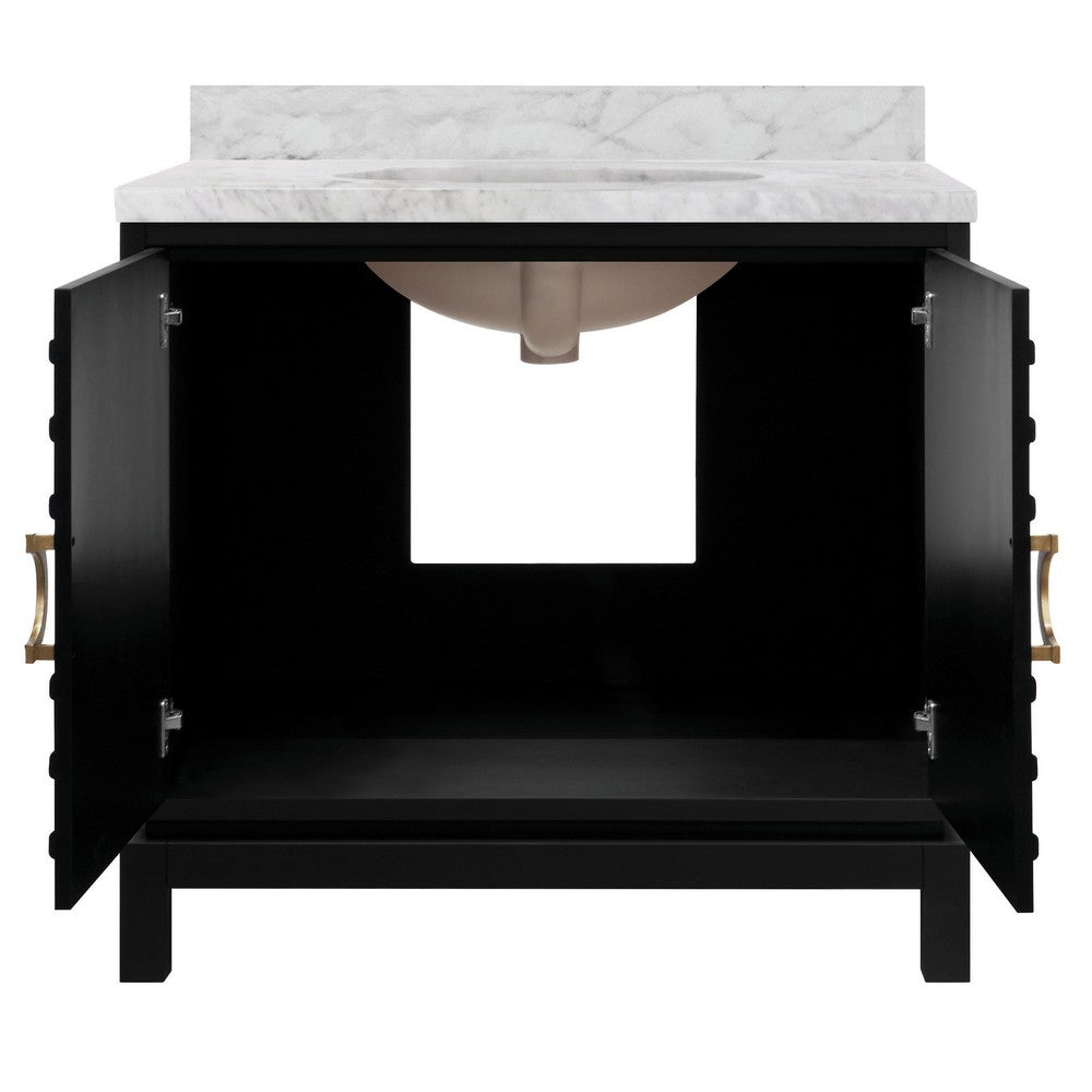 Worlds Away - Bath Vanity In Matte Black Lacquer With Antique Brass Circle Hardware, White Marble Top, And Porcelain Sink - BIXBY BLK view 2