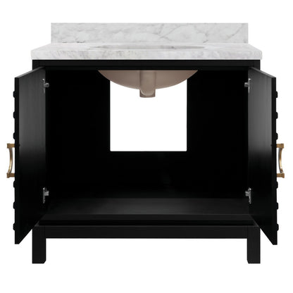 Worlds Away - Bath Vanity In Matte Black Lacquer With Antique Brass Circle Hardware, White Marble Top, And Porcelain Sink - BIXBY BLK view 2