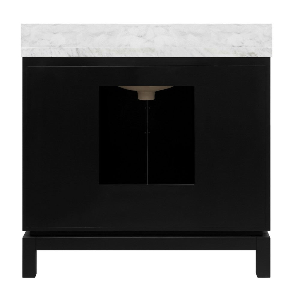 Worlds Away - Bath Vanity In Matte Black Lacquer With Antique Brass Circle Hardware, White Marble Top, And Porcelain Sink - BIXBY BLK view 3