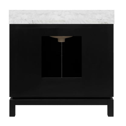 Worlds Away - Bath Vanity In Matte Black Lacquer With Antique Brass Circle Hardware, White Marble Top, And Porcelain Sink - BIXBY BLK view 3