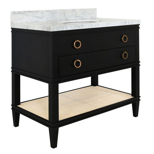 Worlds Away - Bath Vanity In Matte Black Lacquer With Open Cane Shelf, White Marble Top, Porcelain Sink, And Antique Brass Ring Hardware - CUTLER BLK view 1