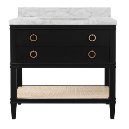 Worlds Away - Bath Vanity In Matte Black Lacquer With Open Cane Shelf, White Marble Top, Porcelain Sink, And Antique Brass Ring Hardware - CUTLER BLK view 2