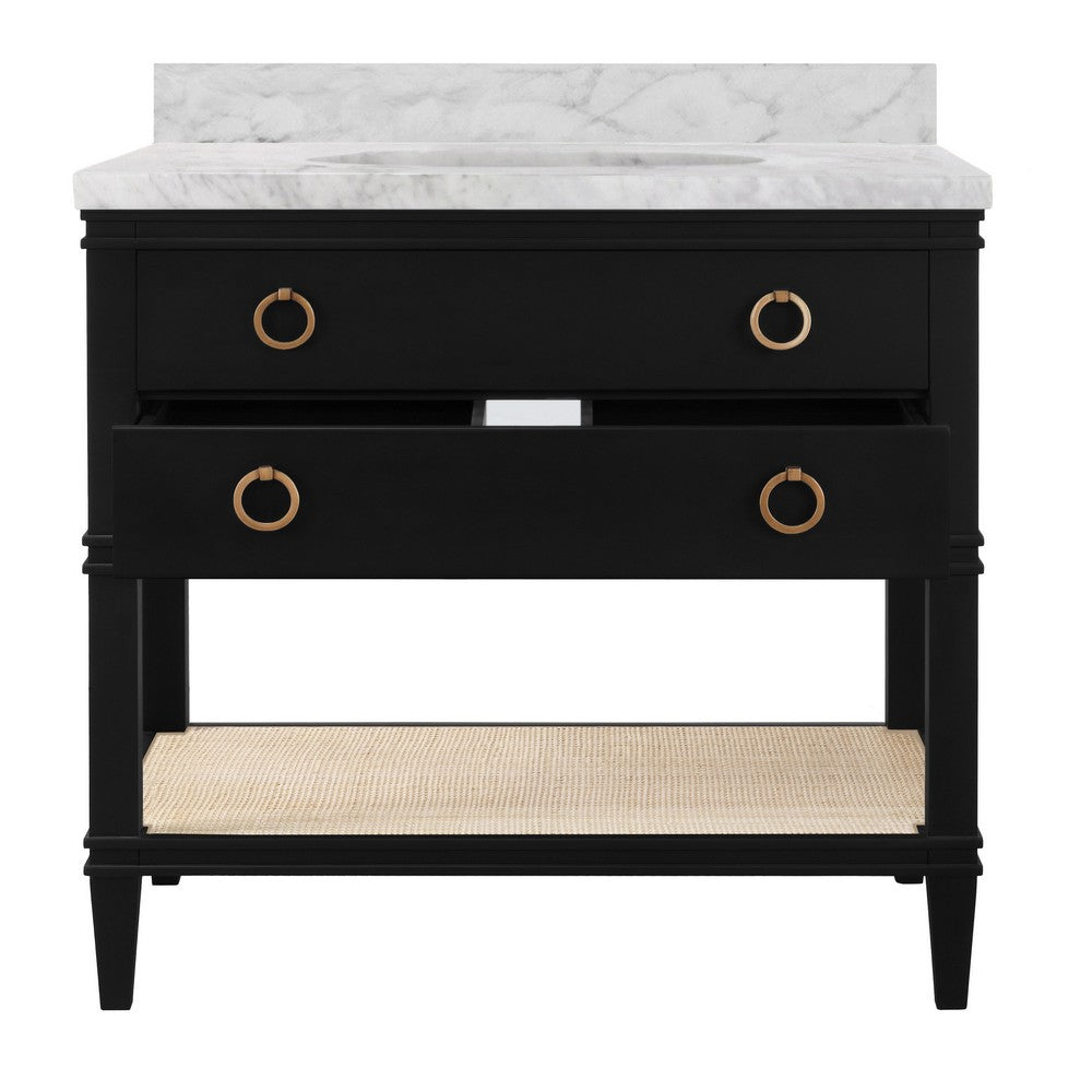 Worlds Away - Bath Vanity In Matte Black Lacquer With Open Cane Shelf, White Marble Top, Porcelain Sink, And Antique Brass Ring Hardware - CUTLER BLK view 3