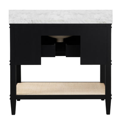 Worlds Away - Bath Vanity In Matte Black Lacquer With Open Cane Shelf, White Marble Top, Porcelain Sink, And Antique Brass Ring Hardware - CUTLER BLK view 4