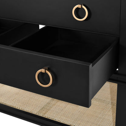 Worlds Away - Bath Vanity In Matte Black Lacquer With Open Cane Shelf, White Marble Top, Porcelain Sink, And Antique Brass Ring Hardware - CUTLER BLK view 8